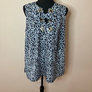 Michael Kors Blue White Sleeveless Top Blouse with Gold Grommet Lace Up …